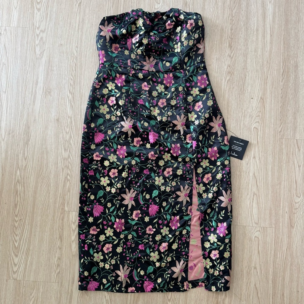 Lulu's Floral Strapless Midi Dress - Black and Pink - Picture 4 of 11